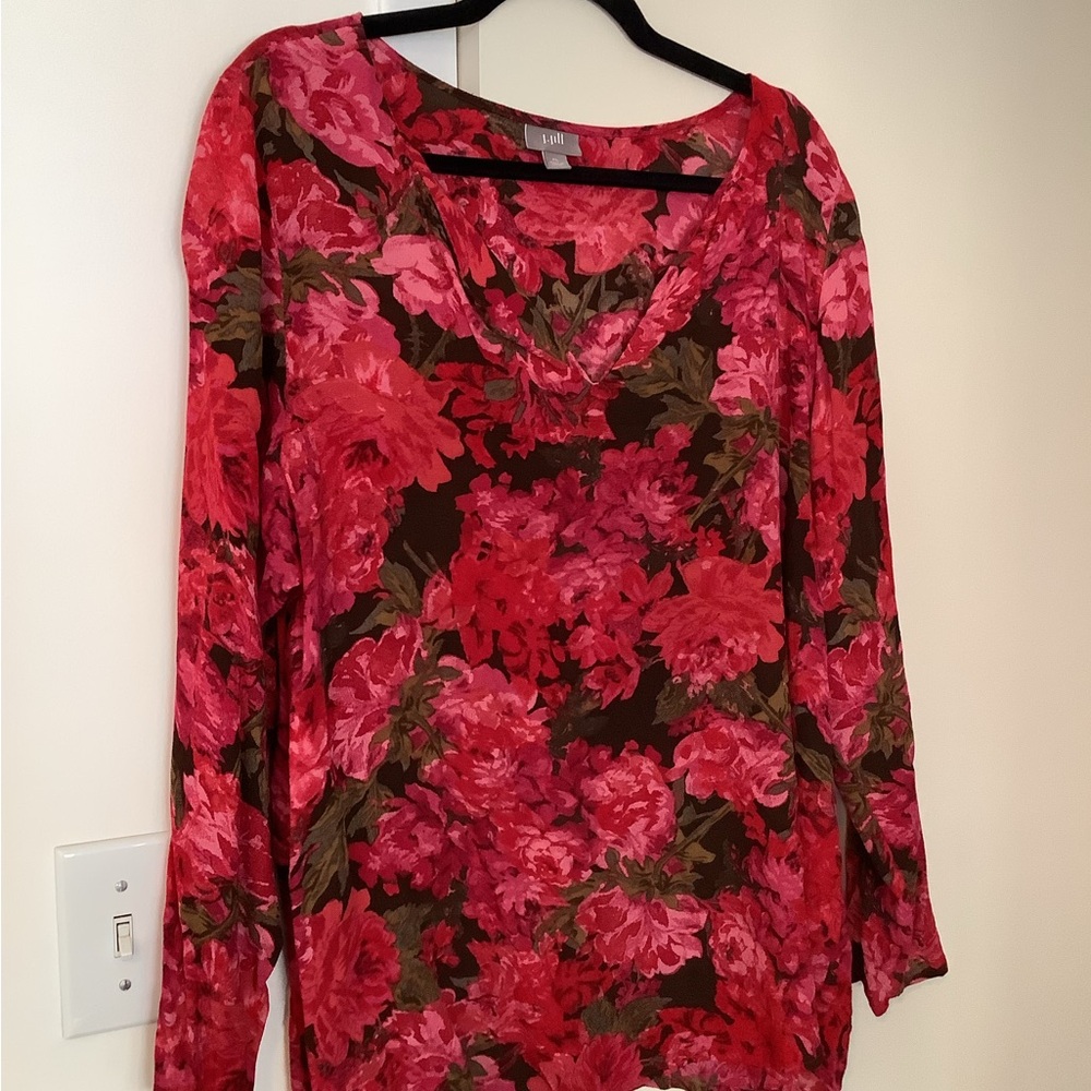 J. Jill Pink and Red Floral Blouse XL, long sleeve